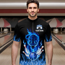 Load image into Gallery viewer, Blue Flaming Tiger Bowling Custom Men Bowling Polo &amp; Quarter-Zip Bowling Team Jerseys HNT46