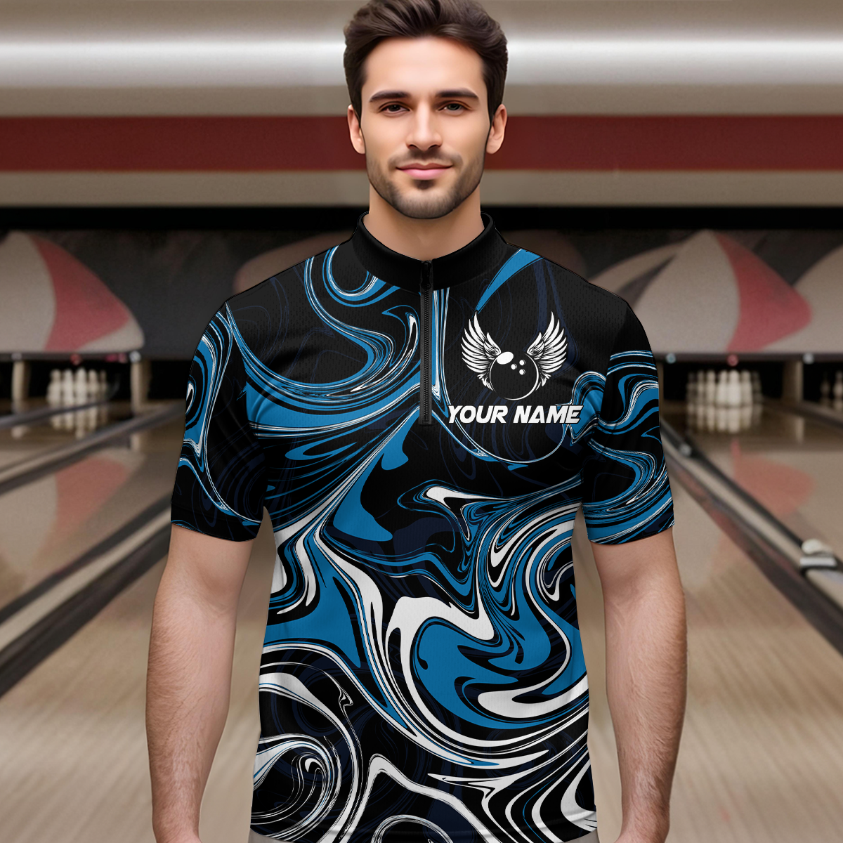 Personalized Bowling Shirt for Men and Women Bowling Team Jersey Blue 1/4 Zip Shirt QZT601