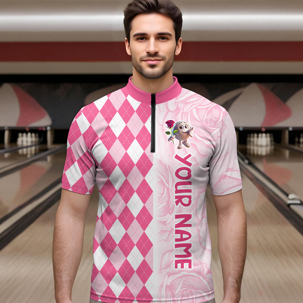 Personalized Rose Bowling Team Jersey Quarter-Zip Bowling Shirt for Couples QZT611