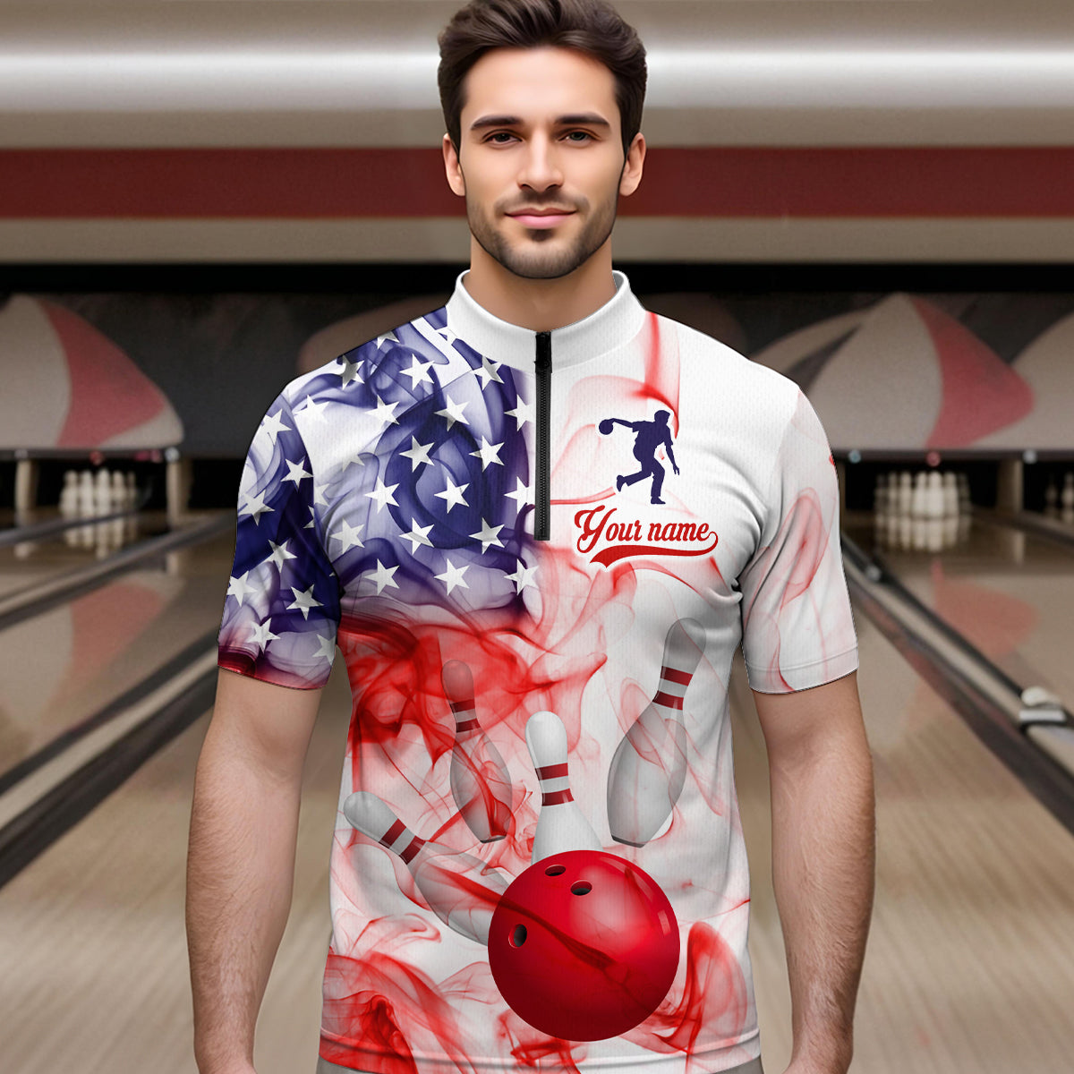 American Flag Smoke Bowling Shirt for Men Custom Polo & Quarter-Zip Team Bowling Jersey with Team HNT21