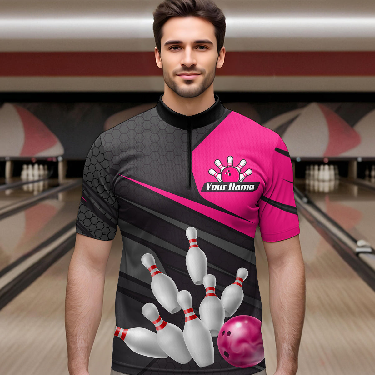 Pink Bowling Shirt for Men&Women Team Bowling Jersey Colorful Bowling Polo & 1/4 Zip MBL49