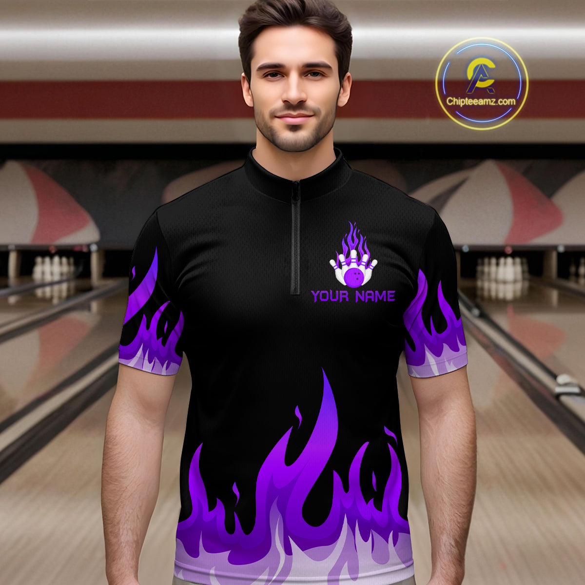 Custom Purple Flame Bowling Shirts for Men Polo & Quarter-Zip Bowling Team Jerseys HNT82
