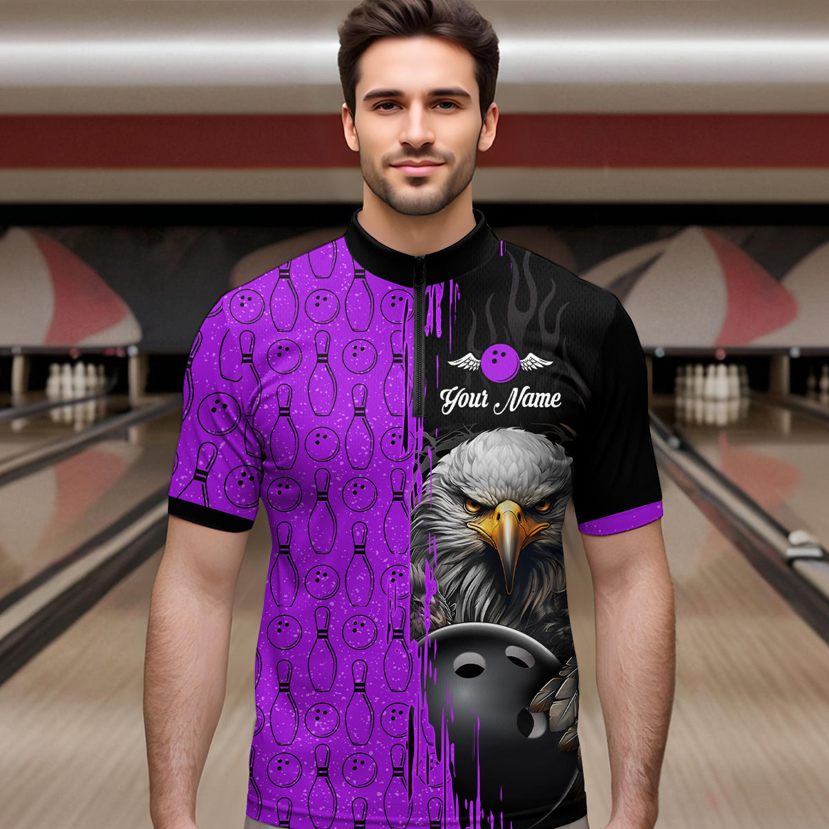 Purple Eagle Bowling Custom Men Bowling Shirt Polo & Quarter-Zip Bowling Team Jerseys HNT49