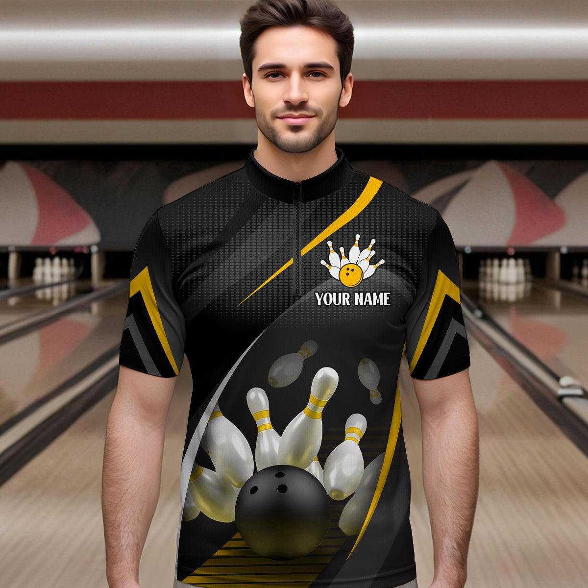 Yellow Bowling Shirts for Men Women Team Custom Bowling Polo & Quarter Zip Shirt MBL71