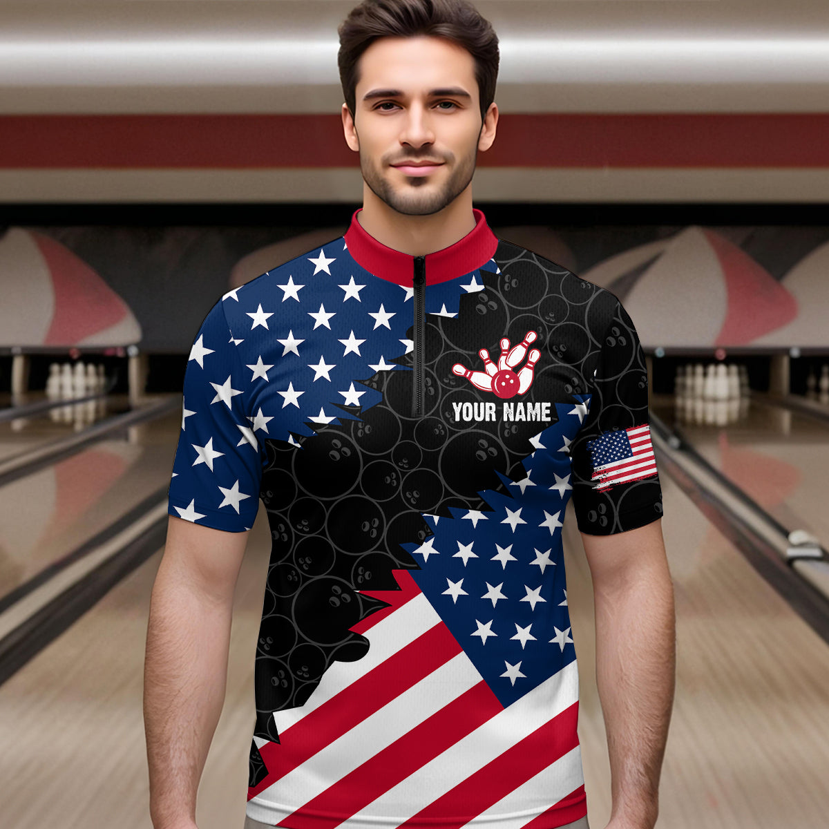 Personalized Patriotic Cat Bowling Shirt Quarter-Zip American Bowling Jersey for Men Women QZT673