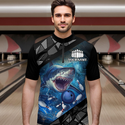 Custom Shark Bowling League Shirts For Men, Personalized Bowling Team Jerseys Polo & Quarter-Zip HNT36