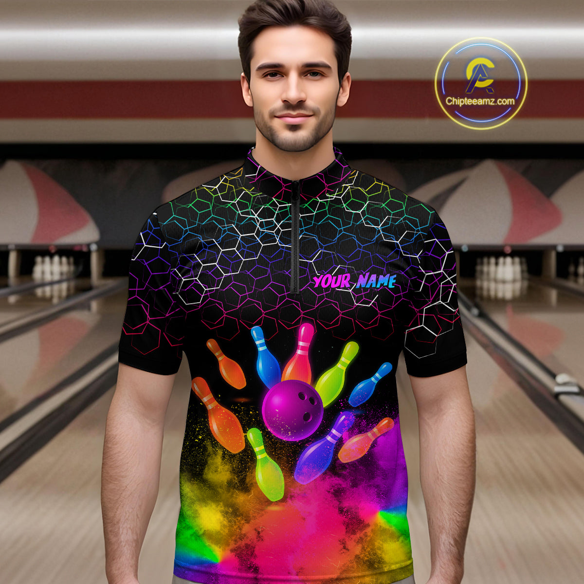 Colorful Bowling Custom Men Bowling Shirt Polo & Quarter-Zip Bowling Team Jerseys HNT73
