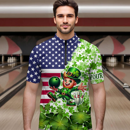 American flag St Patrick day shamrock pattern custom Team Bowling Polo, Quarter Zip shirt for Men NQS9581