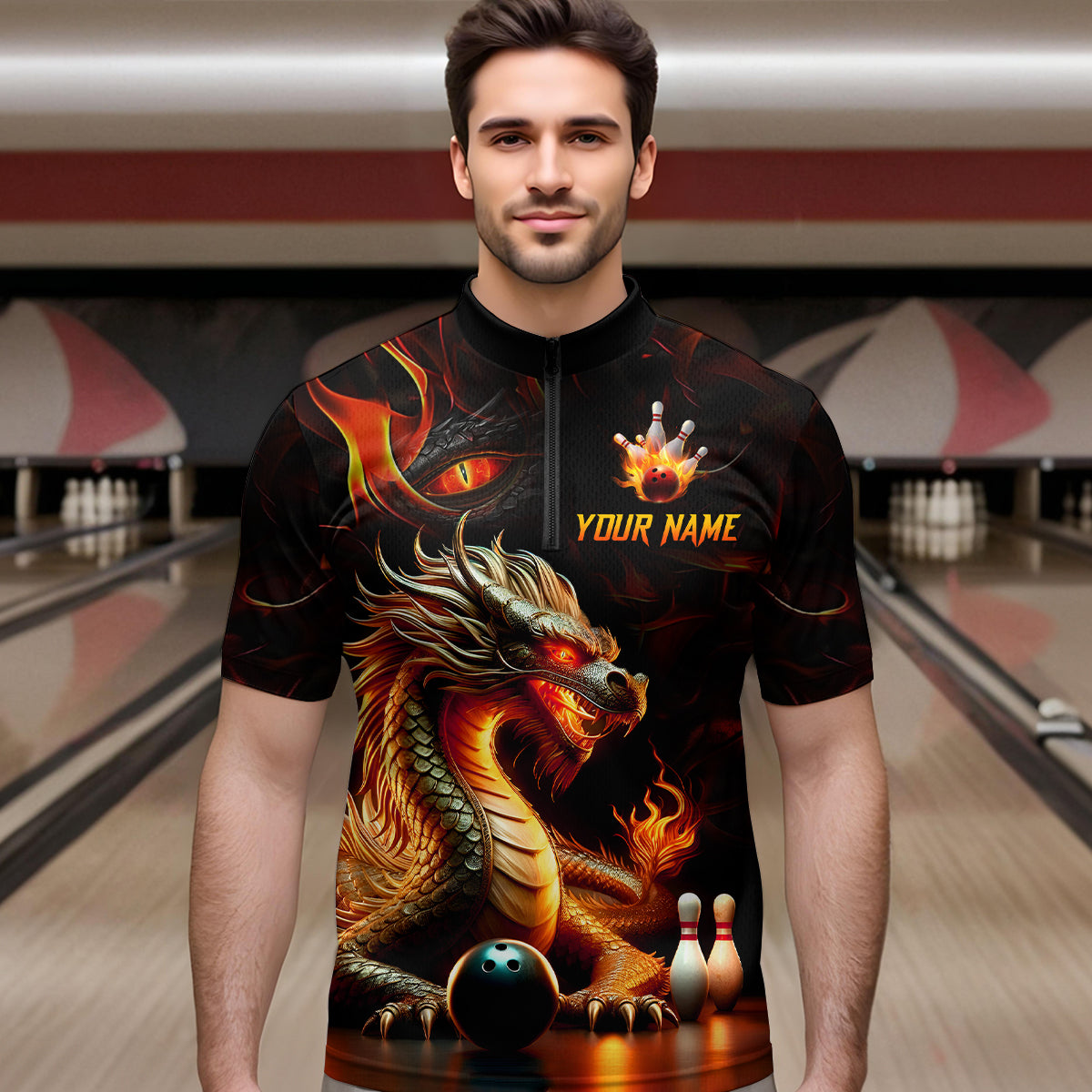 Orange & Black Flame Dragon Bowling Ball Pins Custom Bowling Quarter-Zip Shirt Bowling Team Jersey QZT667