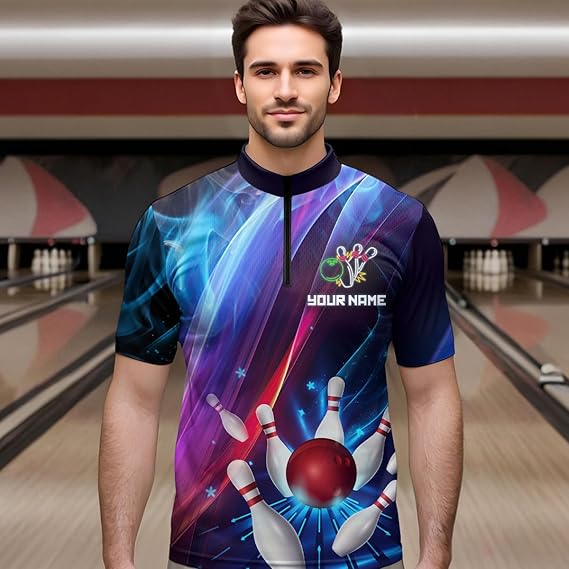 Personalized Galaxy Bowling Pins and Ball Shirt Blue & Purple Neon 1/4-Zip Bowling Team League QZT664