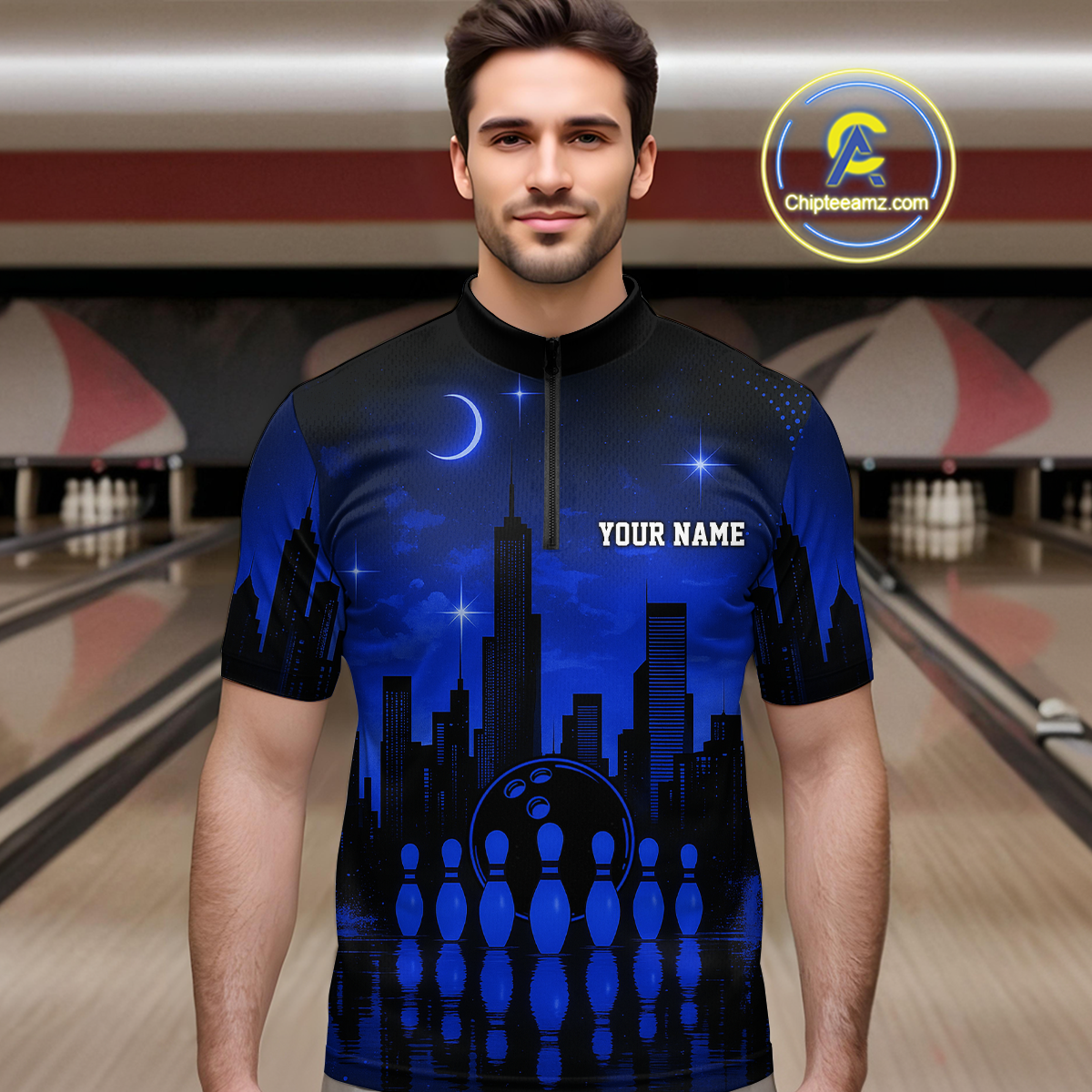 Blue Bowling Custom Men Bowling Shirt Polo & Quarter-Zip Bowling Team Jerseys HNT66