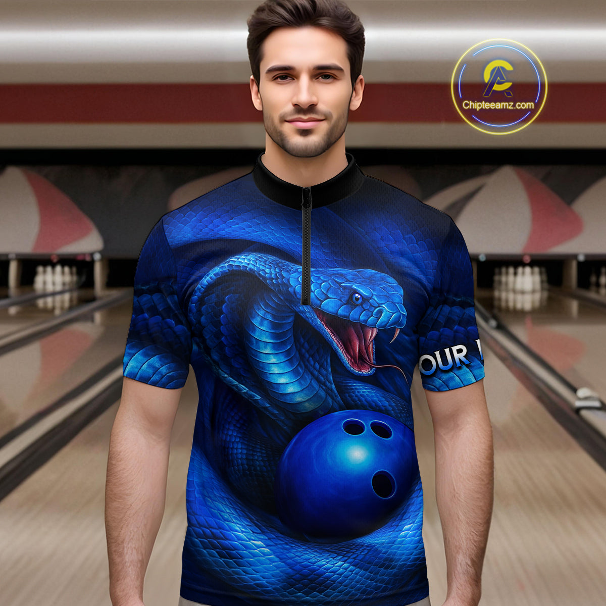Custom 3D Blue Cobra Snake Bowling Team Shirt Bowling Jersey Outfit for Men Polo & Quarter-Zip QZT723