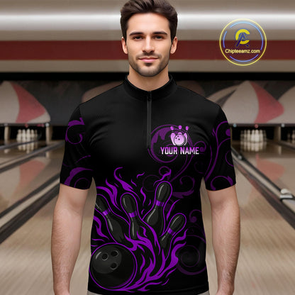 Black And Purple Flame Custom Dragon Bowling Team Shirts For Men, Bowling Uniform Outfit NQS9963