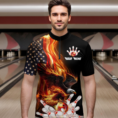 Personalized Flaming US Flag Eagle Bowling Shirt Bowling Jersey for Men Team Polo & 1/4 Zip HNT38