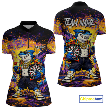 Custom Funny Shark Dart Shirts for Women Darts Team Jerseys Dart Tournament Polo & 1/4 Zip NNT136
