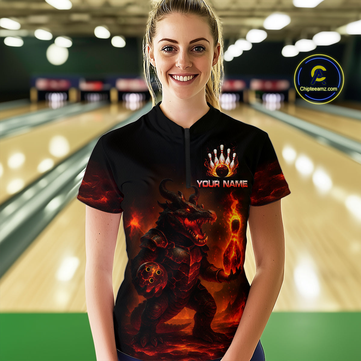 Personalized Red Flame Crocodile Bowling Team Shirt for Women Polo & Quarter-Zip Bowling Outfit QZT742