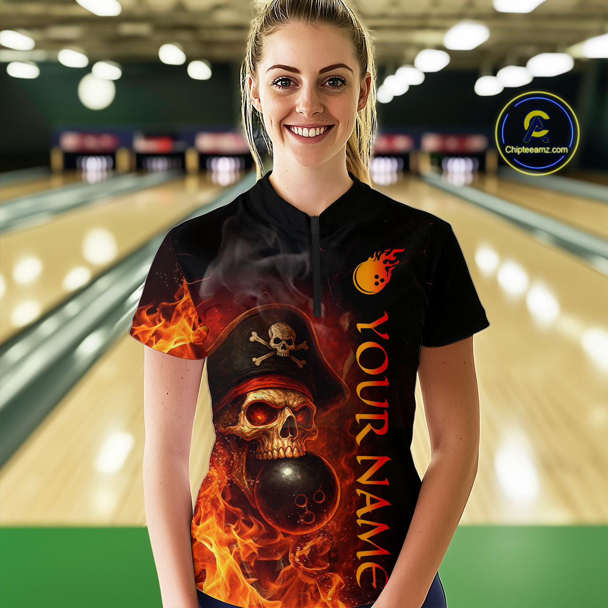 Orange Flame Pirate Skull Bowling Team Shirt for Women Bowling League Jersey Polo Bowling Outfit QZT763