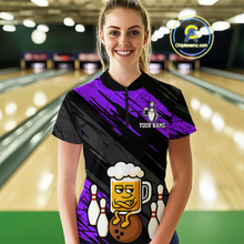 Load image into Gallery viewer, Custom Purple Funny Beer Bowling Jersey for Women Bowling Uniform Polo &amp; 1/4 Zip Bowling Team Shirts HNT107