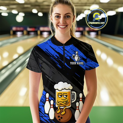 Custom Blue Funny Beer Bowling Jersey for Women Bowling Uniform Polo & 1/4 Zip Bowling Team Shirts HNT107
