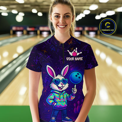 Custom Neon Funny Bunny Bowling Team Shirt Polo & 1/4 Zip Bowling Jersey for Women QZT789