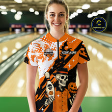 Load image into Gallery viewer, Orange Funny Skull Bowling Shirt for Women Personalized Polo &amp; 1/4-Zip Bowling Jersey Halloween QZT768