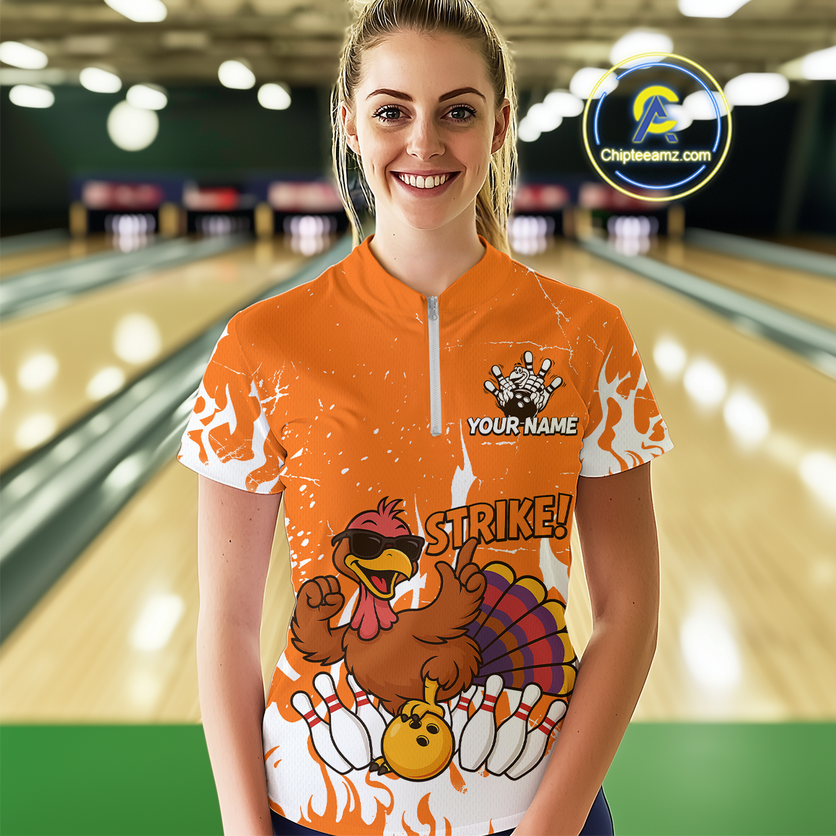 Custom Orange Funny Turkey Bowling Jersey for Women Thanksgiving Bowling Team Shirts HNT115