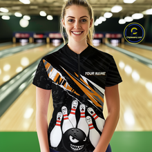 Load image into Gallery viewer, Custom Orange Funny Bowling Jersey for Women Bowling Uniform Polo &amp; 1/4 Zip Bowling Team Shirts HNT128