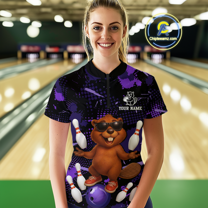 Custom Purple Funny Beaver Bowling Team Shirt Women Bowling League Jersey Polo Bowling Outfit QZT764
