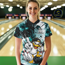 Load image into Gallery viewer, Custom Teal Funny Duck Bowling Jersey for Women Bowling Uniform Polo &amp; 1/4 Zip Bowling Team Shirts HNT237