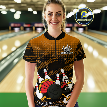 Custom Orange Funny Turkey Bowling Jersey for Women Thanksgiving Bowling Team Shirts Polo & 1/4 Zip HNT125