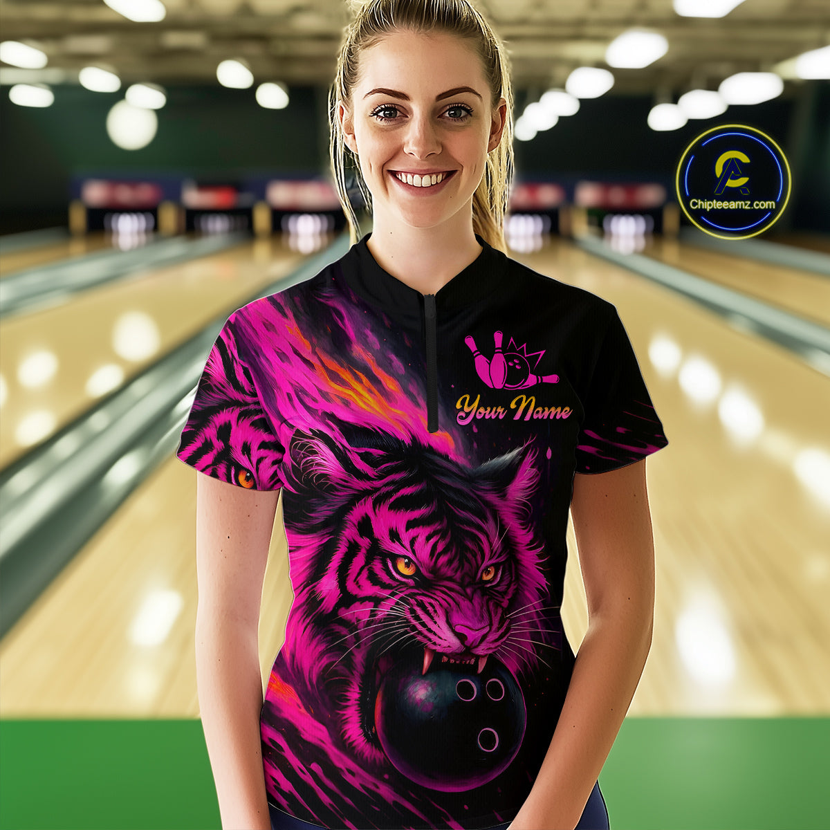 Pink Tiger Bowling Shirts for Men Women Team Bowling Polo & Quarter Zip Shirts MBL150