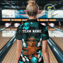Load image into Gallery viewer, Custom Teal Funny Beaver Bowling Team Shirt Women Bowling League Jersey Polo Bowling Outfit QZT764