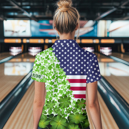 American flag St Patrick day shamrock pattern custom Team Bowling Polo, Quarter Zip shirt for Women NQS9581
