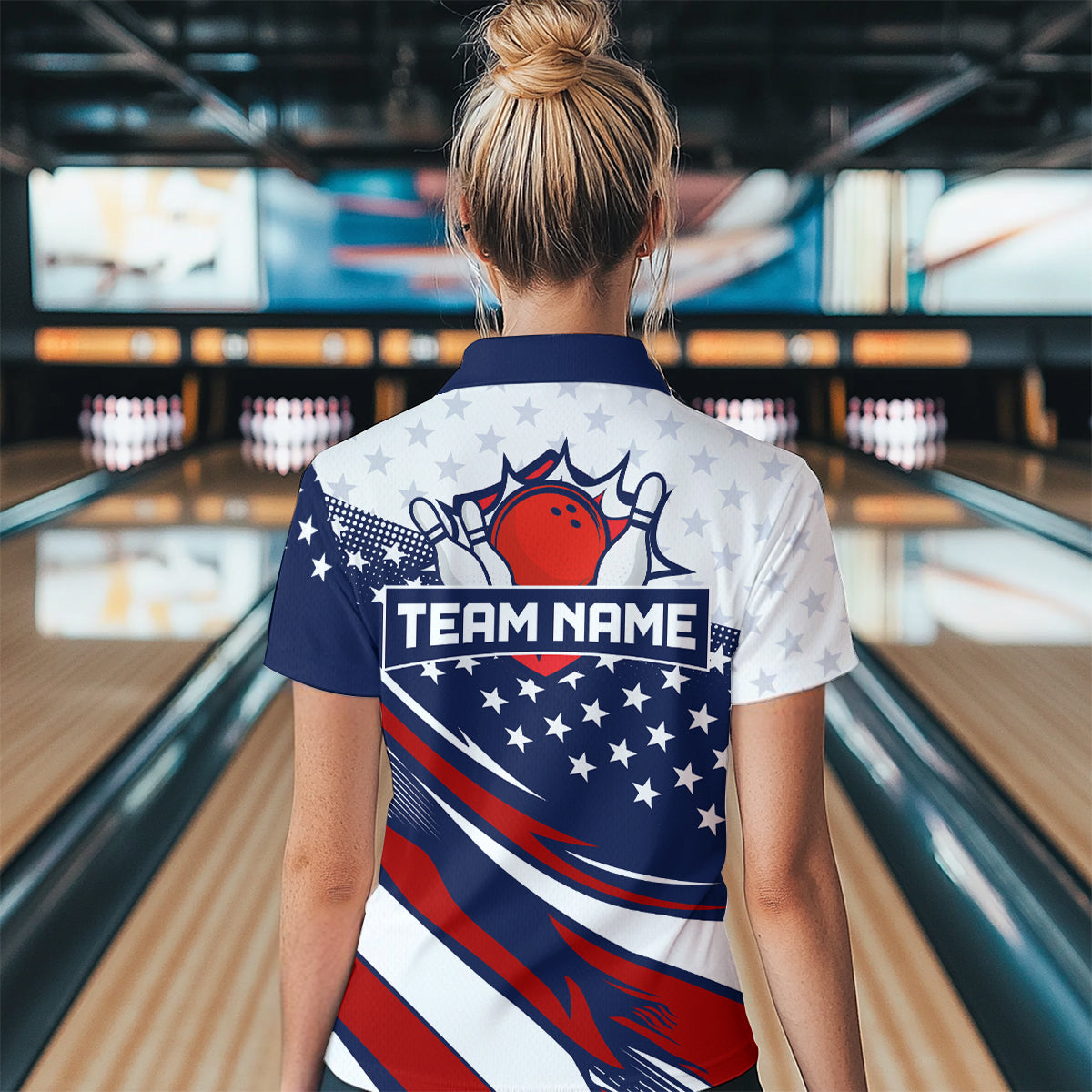 American Flag Bowling Custom Women Bowling Shirt Polo & Quarter-Zip Bowling Team Jerseys HNT50