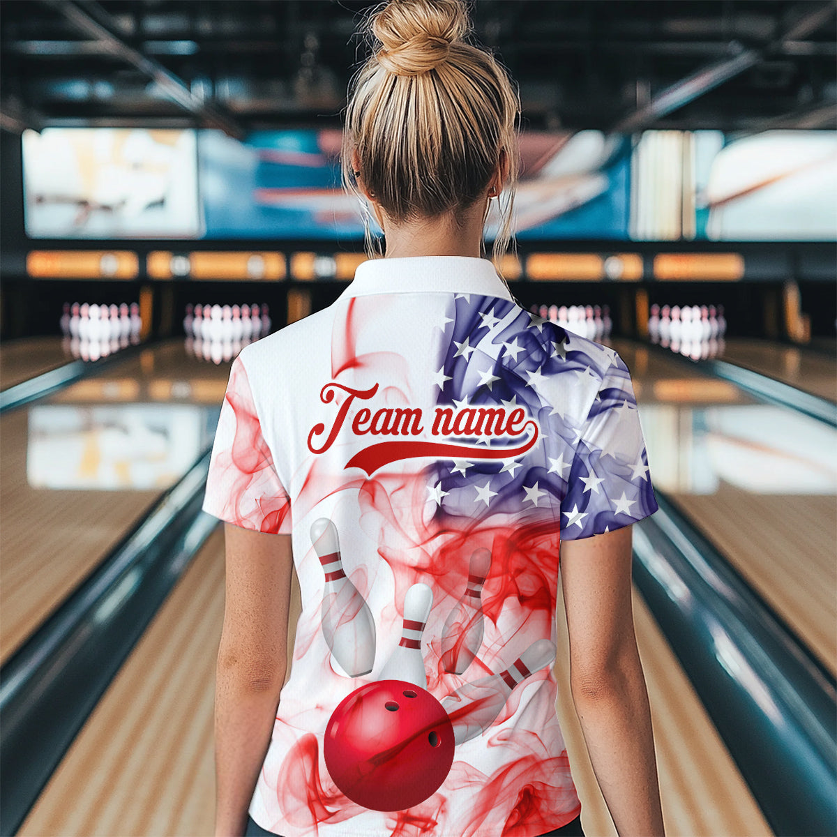 American Flag Smoke Bowling Shirt for Women Custom Polo & Quarter-Zip Team Bowling Jersey with Team HNT21