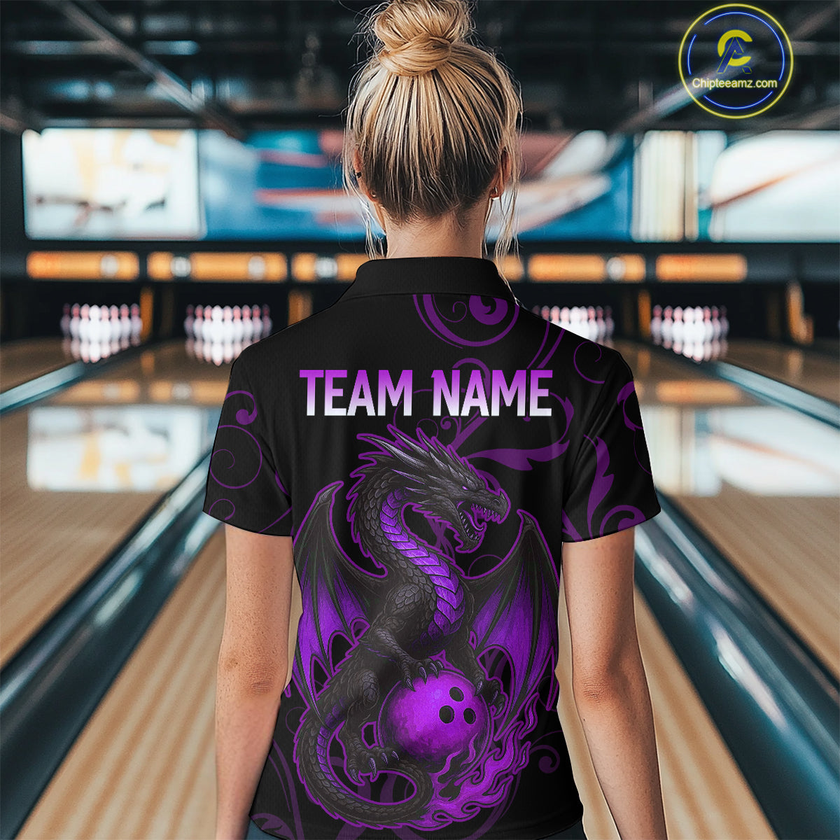 Black And Purple Flame Custom Dragon Bowling Team Shirts For Women, Bowling Uniform Outfit NQS9963