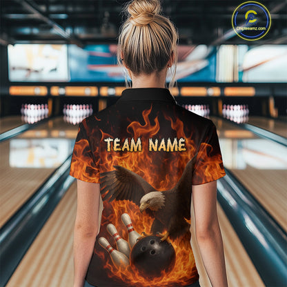 Flame Eagle Bowling Polo, Quarter Zip Shirts For Women Custom Eagle Bowling Team Jerseys NQS9972