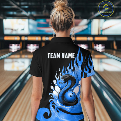 Custom Blue Flame Cobra Snake Bowling Shirt Quarter-Zip Bowling Team League Bowling Jersey QZT694