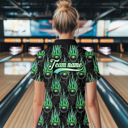 Black Bowling Ball Camo Green Flame Bowling Polo, 1/4 Zip Shirt for Women Custom Bowling Team Jersey NQS9479