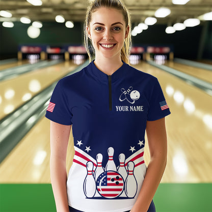 Patriotic Blue Bowling Shirt for Men Women Team Custom Bowling Polo & 1/4 Zip Shirt MBL30