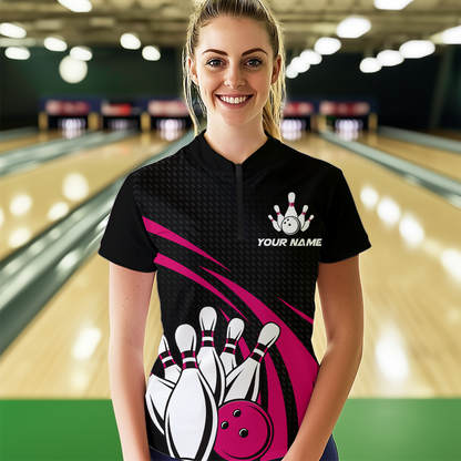 Pink Bowling Jersey Women Custom Bowling Team Shirts Unisex Bowling Women Short Sleeve Quarter-zip Shirt CP29