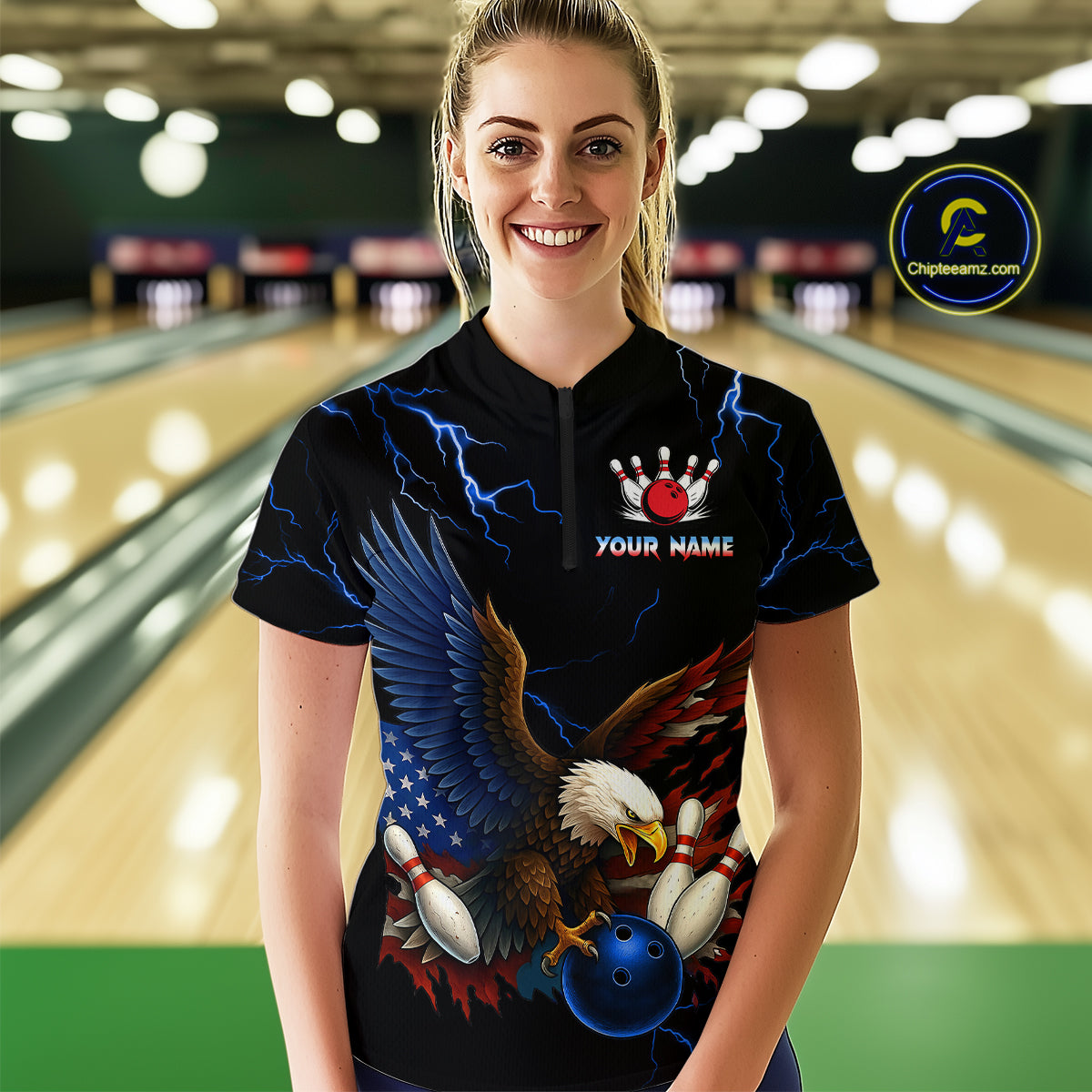 Blue Thunder US Flag Eagle Bowling Shirts for Women Team Bowling Polo & Quarter-Zip HNT96