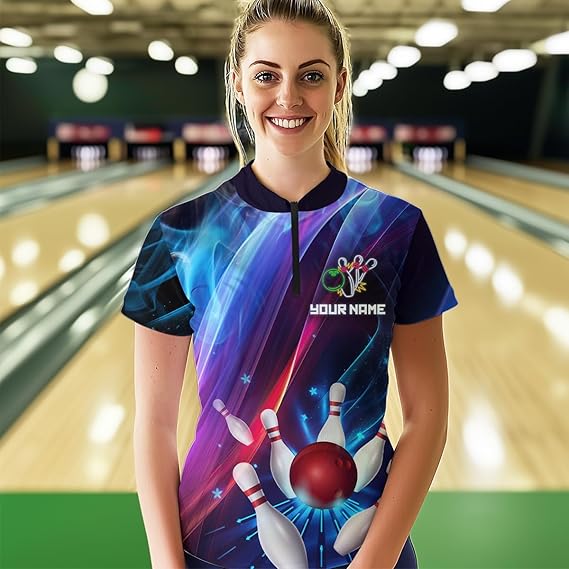 Personalized Galaxy Bowling Pins and Ball Shirt Blue & Purple Neon 1/4-Zip Bowling Team League QZT664