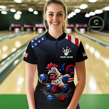 Custom American Flag Funny Chicken Bowling Team Jersey for Women Polo Bowling Shirt Unisex QZT710