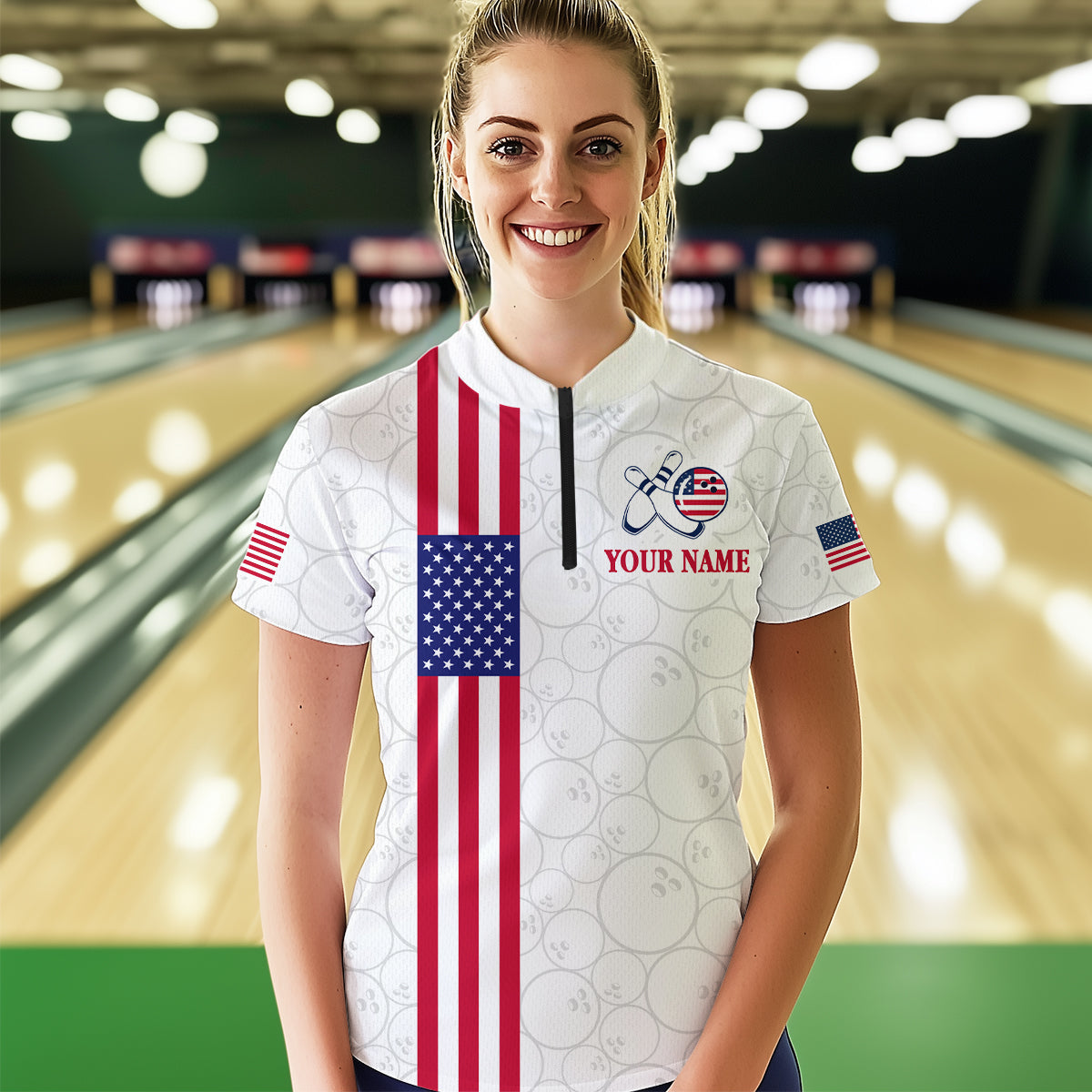 Patriotic Bowling Shirt for Men Women Team Custom White Bowling Polo & 1/4 Zip Shirt MBL23
