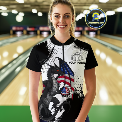 Black & White Quarter-Zip Bowling Team Jersey Custom American Dragon Bowling Shirt Unisex QZT687