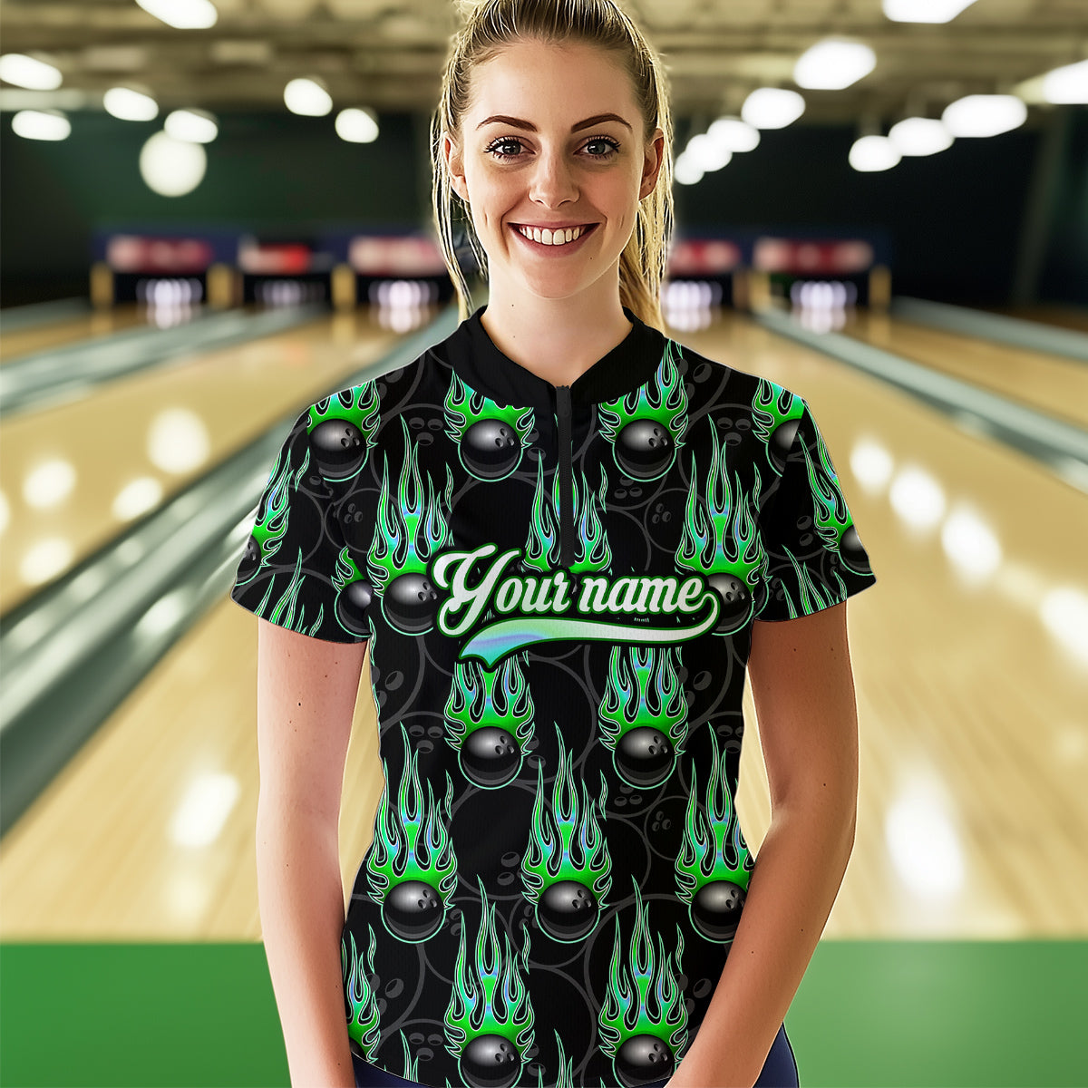 Black Bowling Ball Camo Green Flame Bowling Polo, 1/4 Zip Shirt for Women Custom Bowling Team Jersey NQS9479
