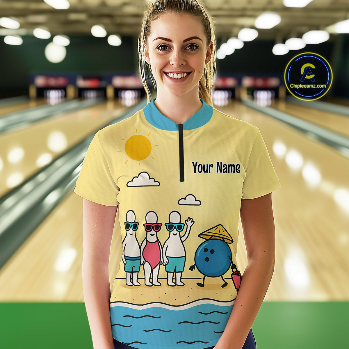 Summer Bowling Shirt Custom Quarter-Zip Bowling Jersey Funny Bowling Pins and Ball QZT695