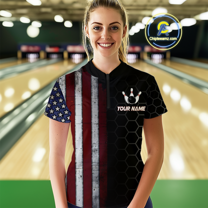 Custom American Bowling Quarter-Zip Shirt Patriotic Bowling Jersey for Men Women QZT683