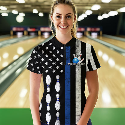 Custom Blue Bowling Shirts for Men Women Team Patriotic Bowling Polo & 1/4 Zip Shirt MBL39